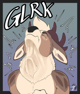 anthro antlers brown_body brown_fur duo fur horn neck_bulge oral_vore simple_background soft_vore solo_focus standing swallowing vore white_body white_fur arkailart cider_(arkailart) deer mammal 2025 absurd_res hi_res signature watermark