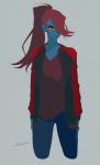 anthro biped blue_body blue_skin clothed clothing female hair humanoid_pointy_ears long_hair looking_at_viewer pointy_ears ponytail red_hair simple_background solo standing chibimu undertale undertale_(series) undyne fish marine 2016 hi_res