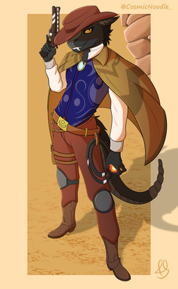 5_fingers anthro belt black_body black_fur black_scales boots border bottomwear cape clothed clothing cowboy_boots cowboy_hat cowboy_outfit desert detailed_background elemental_manipulation fangs fingers fire fire_manipulation footwear fur fur_and_scales grey_body grey_scales gun hair handgun hat headgear headwear holding_gun holding_handgun holding_object holding_pistol holding_ranged_weapon holding_weapon holster looking_at_viewer magic magic_user male outside pants pistol plantigrade ranged_weapon rattle_(anatomy) revolver scales shoes simple_background smile solo standing teeth topwear trigger_discipline weapon yellow_eyes cosmic_noodle fallout microsoft devon_(cosmic_noodle) hybrid night_stalker_(fallout) reptile scalie absurd_res digital_media_(artwork) full-length_portrait hi_res portrait