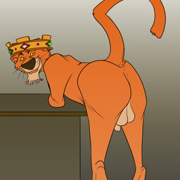 anthro ball big_butt butt crown crown_only fur genitals headgear headgear_only looking_at_viewer looking_back looking_back_at_viewer male nude orange_body orange_fur penis raised_tail rear_view smile solo tail yellow_sclera joesanchez disney robin_hood_(disney) prince_john felid lion mammal pantherine 1:1 absurd_res hi_res