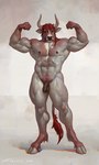 abs ankle_tuft anthro arm_tuft balls biped cloven_hooves elbow_tuft flexing flexing_bicep flexing_both_biceps flexing_muscles foreskin front_view fur genitals green_eyes hair hooves horn humanoid_genitalia humanoid_penis leg_tuft male muscular muscular_anthro muscular_male nipples nude nude_anthro nude_male pecs penis red_hair simple_background solo standing tail tail_tuft tuft vein veiny_muscles taran_fiddler bovid bovine cattle mammal 2025 digital_media_(artwork) full-length_portrait hi_res portrait signature
