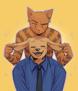 anthro character_outline clothing confuse duo happy lift_ear male police police_uniform shirt tied_shirt topwear uniform peanutheaddd dog_man_(series) petey_the_cat canid canine felid feline mammal colored hi_res warm_colors