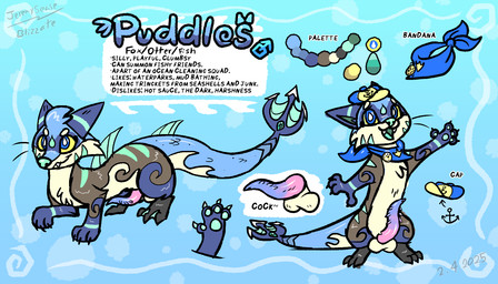 balls clothing feet feral fin genitals hat headgear headwear long_body male markings membrane_(anatomy) pawpads paws penis puddles_the_foxfotter scales scarf striped_markings stripes text toes unusual_anatomy unusual_genitalia unusual_penis webbed_feet blizzate aquatic canid canine chimera fish fox hybrid mammal mustelid otter unknown_species 7:4 english_text
