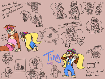 4_fingers 4_toes accessory age_difference all_fours anthro barefoot beanie bent_legs blue_clothing blue_eyes blue_fingernails blue_nails blue_overalls blue_shirt blue_topwear bottomwear branch breasts brown_background brown_body brown_clothing brown_fur brown_overalls brown_skin closed_frown closed_smile clothed clothed_anthro clothed_female clothing colored_nails confusion crop_top eyelashes feet female female_anthro fingernails fingers fist frown fully_clothed fully_clothed_anthro fully_clothed_female fur group hair half-closed_eyes hanging_from_branch hat headband headgear headwear height_comparison helicopter_hair holding_banana larger_anthro larger_female lips long_hair looking_at_viewer male male_anthro motion_lines mouth_closed nails narrowed_eyes older_anthro older_female open_mouth open_smile overalls pigtails pink_bottomwear pink_clothing pink_crop_top pink_headband pink_lips pink_shirt pink_shorts pink_topwear ponytail pounding_chest purple_beanie purple_clothing purple_hat purple_headwear question_mark running shirt short_hair shorts simple_background sitting size_difference smaller_anthro smaller_female smile smiling_at_another smiling_at_each_other smiling_at_viewer tan_body tan_feet tan_hands tan_skin text toes topwear trio younger_anthro younger_female insert-thenewbl-here donkey_kong_(series) nintendo candy_kong diddy_kong dixie_kong tiny_kong kong mammal primate 2024 4:3 character_name digital_drawing_(artwork) digital_media_(artwork) english_description english_text flat_colors hi_res multiple_images sibling_(lore) sister_(lore) sisters_(lore)