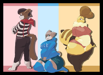 antennae_(anatomy) anthro arthropod_abdomen beret biped black_border border bottomwear clothing crop_top digitigrade female front_view group hat headgear headwear hoodie huge_hips huge_thighs kneeling legwear love_handles navel nipple_outline obese obese_anthro obese_female overweight overweight_anthro overweight_female pants pattern_clothing pattern_shirt pattern_topwear rear_view shirt shorts standing stinger striped_clothing striped_shirt striped_topwear stripes thick_thighs thigh_highs topwear trio wide_hips 6saw789 bee_(6saw789) milk_(6saw789) mime_(6saw789) arthropod bee domestic_cat felid feline felis honey_bee hymenopteran insect mammal 2026 digital_drawing_(artwork) digital_media_(artwork) hi_res