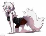 anthro blue_eyes blush bottomwear breasts clothed clothing cute_fangs fangs female fur hair heart_symbol looking_at_viewer pawpads paws pleated_skirt pose simple_background skirt solo teeth white_background white_body white_fur miri domestic_cat felid feline felis mammal 2014