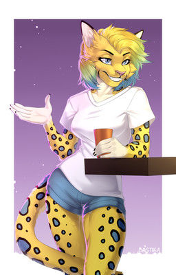 anthro blonde_hair blue_eyes clothed clothing eyebrows eyelashes female fur hair markings pink_nose smile solo spots spotted_body spotted_fur standing yellow_body yellow_fur bastika felid leopard mammal pantherine 2020 digital_media_(artwork) hi_res