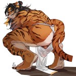 anthro balls balls_outline beard biceps black_beard black_facial_hair black_hair bulge clothing crouching detailed_bulge facial_hair fur genital_outline genitals hair hand_on_ground looking_back male multicolored_body orange_body orange_fur pawpads penis_outline quads rear_view simple_background solo striped_body stripes underwear white_background white_body white_fur p2yong arknights hypergryph studio_montagne huai_tianpei_(arknights) felid mammal pantherine tiger absurd_res hi_res signature