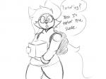 ambiguous_gender anthro backpack clothed clothing dialogue eyewear fur glasses looking_at_viewer simple_background solo text white_background pokebraix nintendo pokemon lucas_(pokebraix) braixen canid canine generation_6_pokemon mammal pokemon_(species) 2018 4:3 black_and_white digital_media_(artwork) english_text hi_res monochrome sketch