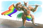 5_fingers anthro big_bulge big_muscles biped brown_body brown_fur brown_hair bulge clothing detailed_bulge fangs fingers fist flag flag_(object) flexing flexing_bicep fur genital_outline hair holding_flag holding_object hooves huge_bulge lgbt_pride looking_at_viewer male multicolored_clothing multicolored_thong multicolored_underwear musclegut muscular muscular_anthro muscular_male navel on_one_leg open_mouth pattern_clothing pecs pink_tongue pride_color_clothing pride_color_flag pride_color_thong pride_color_underwear pride_colors progress_pride_colors rainbow_clothing rainbow_pride_colors rainbow_underwear sabertooth_(anatomy) sheath_outline six-stripe_rainbow_pride_colors solo spots standing striped_clothing stripes teeth thong tongue underwear white_spots siriusdog villam_(randsom) chimera 2020 hi_res