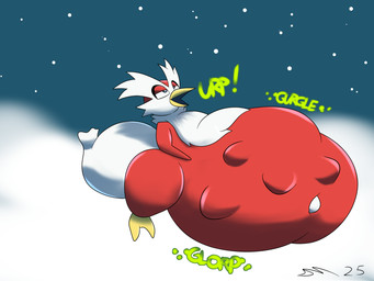 beak belly big_belly biped burping digestion_noises feathers feral huge_belly open_beak open_mouth oral_vore red_body snow solo struggling struggling_prey text vore white_body white_feathers dirtymac nintendo pokemon avian delibird generation_2_pokemon pokemon_(species) 2025 4:3 absurd_res dated digital_drawing_(artwork) digital_media_(artwork) english_text hi_res shaded soft_shading