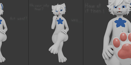 anthro blue_eyes feet foot_fetish foot_focus foot_play looking_at_viewer male pawpads paws solo text esperthecat esper_(esperthecat) mayu_(azuki) 3d_(artwork) absurd_res digital_media_(artwork) hi_res