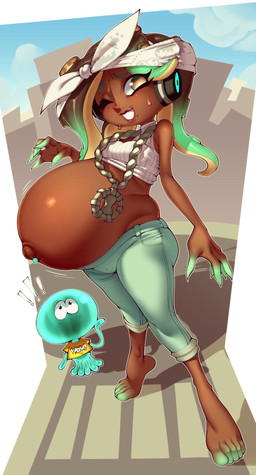 barefoot belly big_belly brown_body brown_skin clothing duo feet female pregnant pregnant_female shirt topwear white_clothing white_shirt white_topwear hellbrain nintendo splatoon marina_(splatoon) aquatic cephalopod cnidarian jellyfish medusozoan mollusk octarian octoling 2024 hi_res