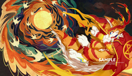 4_fingers anthro blue_eyes cape cheek_tuft chest_tuft clothing facial_tuft fingers fluffy fluffy_tail fur kemono male markings multicolored_body multicolored_fur mural red_markings side_view solo tail text tuft white_body white_fur yellow_body yellow_fur nexus_caramel moli60024546 canid canine fox mammal 2023 artist_name cel_shading digital_drawing_(artwork) digital_media_(artwork) english_text hi_res shaded wallpaper