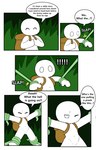 backpack dialogue exclamation_point eyes_closed featureless_crotch male navel one_eye_closed onomatopoeia plant plant_tentacles restrained shocked solo sound_effects speech_bubble text vines tonytoran anon human humanoid mammal absurd_res comic english_text hi_res