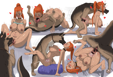 69_position animal_genitalia animal_penis anus areola barbell_piercing bestiality bestiality_kiss big_breasts big_knot blue_eyes blush bodily_fluids body_blush breasts brown_areola brown_nipples butt camisole camisole_lift canine_genitalia canine_penis censor_bar choker clothed clothing clothing_lift cum cum_inside cunnilingus doggystyle duo ejaculation fellatio female female_human female_on_feral feral feral_dominating_human feral_penetrating feral_penetrating_human from_behind_position genital_fluids genitals hair human_on_feral human_penetrated internal interspecies jewelry kissing kissing_while_penetrated knot knotted_penis light_body light_skin long_hair male male_feral motion_lines necklace nipple_dip nipple_piercing nipples nude oral orange_hair passionate penetration penile penis piercing ponytail pubes realistic_feral sex sweat sweaty_breasts sweaty_butt sweaty_legs sweaty_thighs tongue tongue_out vaginal vaginal_penetration vulva vulva_blush drakente canid canine canis domestic_dog human mammal censored colored digital_drawing_(artwork) digital_media_(artwork) hi_res shaded