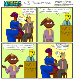 anthro clothing cochlear_implant_processor crossed_arms deaf dialogue female group jacket male scarf simple_background sitting sweater text topwear baristagamerproductions ada_(gem_hunters) alfonso_(gem_hunters) background_character canid canine canis dingo lagomorph leporid mammal rabbit reptile scalie snake absurd_res comic english_text hi_res