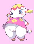 animal_crossing anthro blue_eyes blush breasts clothed clothing dress dwarfism elephant elephantid female genitals mammal margie_(animal_crossing) nintendo nipple_outline no_underwear overweight overweight_anthro overweight_female plump_labia proboscidean pupils pussy smile solo thick_thighs white_body white_pupils woory