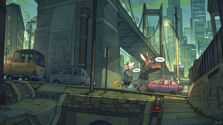 anthro biped bottomwear bridge brown_body brown_fur brown_hair building car city city_background cityscape clothed clothed_anthro clothed_male clothing detailed_background dialogue duo fur graffiti grass grey_body grey_fur hair half-closed_eyes hoodie male modern_architecture narrowed_eyes neo-classical_architecture outside pipe plant power_lines short_hair shorts sign skyscraper smile speech_bubble stairs standing street_lamp suspension_bridge tail talking_to_another text topwear traffic_light urban utility_pole vehicle walking white_hair jacato kendrick_(jacato) american_opossum asinus donkey equid equine mammal marsupial 16:9 2023 artist_name colored english_text hi_res shaded signature widescreen