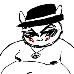 anthro big_eyes blush clothing fedora hat headgear headwear male male_anthro nipples occult_symbol overweight overweight_male pentagram pentagram_necklace simple_background solo symbol white_background ambiguous_species black_and_white low_res meme monochrome