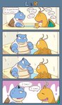 anthro bathtub blue_body bodily_fluids dialogue duo eyes_closed kemono orange_body sitting sweat text water unagi_bukuro nintendo pokemon blastoise dragonite generation_1_pokemon pokemon_(species) 2021 comic english_text hi_res