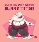 anthro big_breasts bouncing_breasts breasts cleavage clothed clothing dewlap_(anatomy) female front_view hair hair_over_eye huge_breasts huge_ears neck_tuft nipple_outline one_eye_obstructed pink_hair simple_background solo text thick_thighs tuft white_hair joaoppereiraus a_hat_in_time ilia_(justkindofhere) lagomorph leporid mammal rabbit animated english_text hi_res meme short_playtime