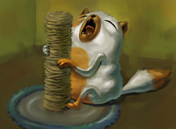 female feral fur multicolored_body open_mouth scratching scratching_post sitting solo toony two_tone_body white_body white_fur yellow_body yellow_fur unknown_artist adventure_time cartoon_network fionna_and_cake_(franchise) cake_the_cat