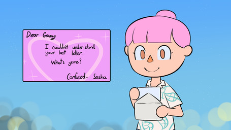 clothing female front_view hair hair_bun holding_envelope holding_letter holding_object human_only looking_down not_furry orange_eyes orange_nose outside pink_hair shirt smile solo tan_body tan_skin text topwear white_clothing white_shirt white_topwear icantseehelp animal_crossing nintendo villager_(animal_crossing) human mammal 16:9 2025 english_text hi_res widescreen