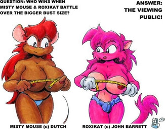 anthro areola big_breasts bottomwear breasts bulge clothed clothing comparing comparing_breasts denim denim_clothing duo erect_nipples female gloves gynomorph hair handwear huge_breasts intersex measuring nipples pink_hair red_hair shorts text topless drake_fenwick misty_the_mouse misty_(dutch) roxikat domestic_cat felid feline felis house_mouse mammal mouse murid murine rodent 1999 english_text