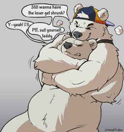 anthro belly big_belly chokehold clothing duo grimace hat headgear headlock headwear imminent_shrinking intraspecies male male/male overweight overweight_male smirking_at_another text wrestling howellthabear bear mammal polar_bear ursine english_text hi_res