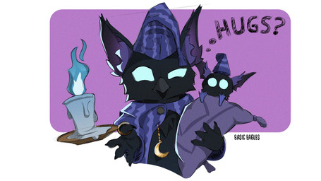4_fingers accessory ambiguous_anthro ambiguous_gender anthro beak big_ears black_beak black_body black_fur blue_eyes candle candlestick chest_tuft claws clothed clothed_ambiguous clothed_anthro clothing crescent_moon duo ears_up empty_eyes feathers feral finger_claws fingers front_view fur glowing glowing_eyes half-closed_eyes hat headgear headwear holding_candle holding_object holding_pillow moon narrowed_eyes nightcap open_beak open_clothing open_mouth open_topwear pajamas pattern_clothing pattern_hat pattern_headgear pattern_headwear pattern_topwear pillow purple_clothing purple_hat purple_headwear purple_inner_ear purple_pajamas purple_topwear semi-anthro simple_background sleepwear solo_focus text topwear tuft basic_eagles_(artist) deadlock_(game) mythology valve lil_helper_(deadlock) rem_(deadlock) avian bird chimera dream_creature gryphon mythological_avian mythological_creature owl 16:9 2026 english_text hi_res widescreen