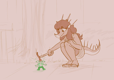 5_fingers anthro bald clothed clothing crouching detailed_background duo extreme_size_difference facial_horn feet female fingers footwear hair hammer hitting horn humanoid_feet long_hair male micro_human micro_male nose_horn outside plant plantigrade sandals shoes size_difference spiked_tail spikes spikes_(anatomy) tail tools tree protonmono cavemanon_studios goodbye_volcano_high ko_op_(game_developer) snoot_game anon_(snoot_game) rosa_(gvh) aquilops ceratopsian dinosaur human mammal marginocephalian ornithischian prehistoric_species reptile scalie thyreophoran monochrome sketch