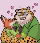 baron_puddin_paws benjamin_clawhauser canid canine cheetah chubby_cheeks clothed clothing digital_drawing_(artwork) digital_media_(artwork) disney duo embrace eyes_closed eyewear felid feline fox fur glasses guide_lines hand_on_chest heart_symbol hi_res hug kissing male male/male mammal markings nick_wilde overweight overweight_male pink_background red_fox romantic romantic_couple simple_background size_difference smile spots spotted_body spotted_fur true_fox zootopia