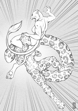 abs anthro big_tail bracelet breasts claws clenched_teeth duo fangs female female/female fight finger_claws fur genitals jewelry leg_around_head leglock leopard_spots logo motion_lines muscular muscular_anthro muscular_female nipples nude nude_anthro nude_female open_mouth paws snarling spots tail tail_tuft teeth toe_claws tuft vulva whisker_spots tanutanuki felid lion mammal pantherine snow_leopard 2019 artist_logo digital_media_(artwork) hi_res monochrome