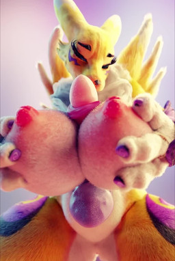 armwear bedroom_eyes big_breasts black_sclera blue_eyes bouncing_breasts breasts bridal_gauntlets claws clothing dildo female fluffy fur genitals happy happy_sex licking long_tongue looking_at_viewer moan multicolored_body multicolored_fur narrowed_eyes nipples pink_nipples pink_vulva ring seductive sex sex_toy teeth toe_claws tongue tongue_out two_tone_body two_tone_fur vulva yellow_body yellow_fur picti bandai_namco digimon canid digimon_(species) mammal renamon 3d_(artwork) 3d_animation animated digital_media_(artwork) long_playtime sound video voice_acted