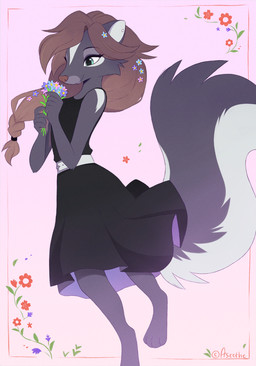 anthro biped clothed clothed_anthro clothed_female clothing dress ear_piercing feet female fingers front_view fur hair piercing simple_background smile solo standing toes aseethe mammal mephitid skunk 2026 digital_drawing_(artwork) digital_media_(artwork) hi_res