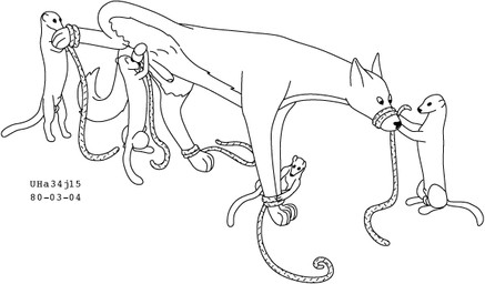 animal_genitalia balls bound feral genitals group male male/male nude nude_male penis raised_tail rope sheath sitting size_difference standing tail toony urbanhermit canid canine canis domestic_dog mammal mustelid musteline true_musteline weasel 1980 black_and_white dated monochrome