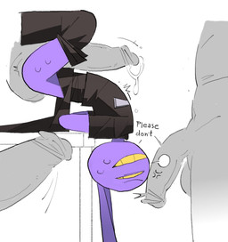 anthro asking_to_stop balls big_penis bodily_fluids bottomwear bottomwear_down clothed clothing disembodied_penis dripping fast_food_uniform furniture genital_fluids genitals group hands_behind_back humanoid_genitalia humanoid_penis imminent_gangbang imminent_sex long_ears looking_at_genitalia looking_at_penis male male/male monochrome_body on_table pants pants_down partially_clothed penis penis_on_face precum precum_drip purple_body sex side_view surrounded sweat sweatdrop table teeth text thigh_sex upside_down vein veiny_penis yellow_eyes yellow_teeth real_saming glitch_productions the_amazing_digital_circus jax_(tadc) human humanoid lagomorph leporid mammal hi_res