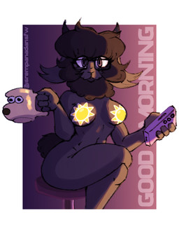 anthro big_breasts black_body black_hair breasts chair container cup electronics eyewear female furniture glasses hair holding_container holding_cup holding_mug holding_object holding_phone looking_at_viewer mug on_chair pasties_only phone purple_eyes sitting sitting_on_chair solo thick_thighs wearing_glasses sr_empanada gromit_mug violeta_(sr_empanada) bovid caprine mammal sheep hi_res