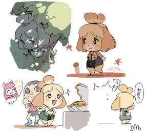 anthro barefoot big_butt blonde_hair blush bodily_fluids bottomwear butt chibi clothed clothing duo dwarfism feet female flat_chested floppy_ears fur hair miniskirt monotone_bottomwear monotone_clothing monotone_skirt neck_ribbon open_mouth open_smile pear-shaped_figure pink_body pink_fur pink_hair ribbons shirt short_hair shortstack shortstack_female simple_background skirt smile string_bow sweat text thick_thighs topknot topwear white_background wide_hips yellow_body yellow_butt yellow_fur haramikarubi animal_crossing nintendo isabelle_(animal_crossing) reese_(animal_crossing) villager_(animal_crossing) alpaca camelid canid canine canis domestic_dog human mammal shih_tzu toy_dog 2026 colored_sketch japanese_text multiple_images sketch