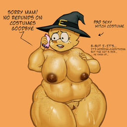 anthro areola big_breasts black_eyes bodily_fluids breasts brown_areola brown_nipples buckteeth cellphone clothing dialogue electronics eyelashes eyewear female freckled_breasts freckled_crotch freckled_face freckled_hips freckled_legs freckled_shoulders freckled_thighs freckled_vulva freckles front_view genitals glasses grey_clothing grey_hat grey_headwear grey_topwear hand_on_chest hat hat_only headgear headgear_only headwear headwear_only holding_object holding_phone mostly_nude navel nervous nipples non-mammal_breasts non-mammal_navel non-mammal_nipples nude orange_background overweight overweight_anthro overweight_female phone round_glasses scales simple_background smartphone solo sweat sweatdrop teeth text thick_thighs topwear underwear vulva wide_hips witch_costume witch_hat yellow_body yellow_scales redmanart undertale_(series) alphys lizard reptile scalie 1:1 absurd_res english_text hi_res
