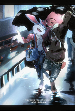 3_toes 4_fingers alternate_costume anthro anthro_on_anthro anthrofied bag biped black_nose bottomwear claws clothed clothed_anthro clothed_female clothed_male clothing duo eyebrows eyelashes eyes_closed feet female female_anthro fingers fully_clothed fully_clothed_anthro fully_clothed_female fully_clothed_male fur green_eyes grey_body grey_fur handbag holding_handbag hoodie interrobang interspecies iris long_ears male male/female male_anthro night open_mouth open_smile orange_body orange_fur outside pants philtrum pink_inner_ear pink_nose predator/prey pupils raining redesign smile snout standing tail tan_body tan_fur teeth text toe_claws toes tongue topwear butterfish8199 disney zootopia judy_hopps nick_wilde canid canine european_rabbit fox lagomorph leporid mammal oryctolagus rabbit red_fox true_fox english_text hi_res subtitled