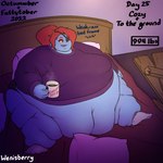 1:1 anthro bed beverage big_breasts blue_body blue_scales breasts coffee container cup dialogue eye_patch eyewear female fish furniture hair hi_res marine morbidly_obese morbidly_obese_female mug number obese obese_female overweight overweight_female ponytail red_eyes red_hair scales signature solo text undertale_(series) undyne weight_gain wenisberry