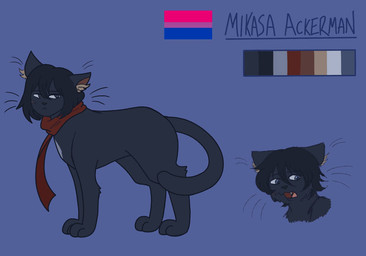 ambiguous_gender bisexual_pride_colors black_body black_fur black_hair chest_tuft feral feral_with_hair feralized fur grey_eyes hair lgbt_pride pride_colors red_scarf scarf short_fur solo tuft white_chest texidex attack_on_titan mikasa_ackerman domestic_cat felid feline felis mammal 2023