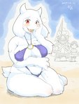 2017 anthro arm_under_breasts asgore_dreemurr beach beach_umbrella beard big_breasts blush boss_monster_(undertale) bovid breasts caprine clothing facial_hair female frisk_(undertale) fur group hand_on_cheek hi_res holding_face horn human inflatable inner_tube kame_3 kemono kneeling long_ears looking_at_viewer mammal o_o one-piece_swimsuit parasol red_eyes seaside slightly_chubby smile solo_focus swimwear toriel trio undertale undertale_(series) white_body white_fur