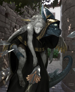 anthro claws cloak clothing duo fur melee_weapon polearm sleeping spear urban weapon wings madness_demon mythology illarion_(talarath) dragon furred_dragon furred_scalie mythological_creature mythological_scalie scalie