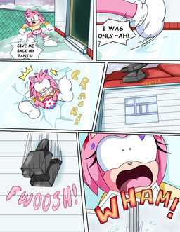 angry anthro anvil clothing dripping falling female footwear ice open_mouth outside panties running slipping slipping_on_ice socks solo speech_bubble text tripping underwear sdcharm_(artist) sega sonic_the_hedgehog_(series) amy_rose eulipotyphlan hedgehog mammal absurd_res comic english_text hi_res