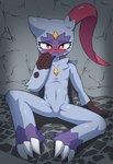 ambiguous_gender anthro arm_support arm_tuft blush claw_toes claws collarbone detailed_background featureless_crotch front_view fur fur_tuft grey_body grey_ears grey_fur looking_at_viewer nude on_model red_eyes sitting solo tuft white_claws sum nintendo pokemon pokemon_legends_arceus generation_8_pokemon pokemon_(species) sneasler 2022 hi_res