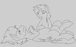 cutie_mark duo eyes_closed feral hand_on_another's_belly hand_on_belly horn looking_at_another lying male narrowed_eyes on_back raised_leg wings vulapa hasbro my_little_pony mythology snap_feather equid equine mammal mythological_creature mythological_equine pegasus unicorn monochrome