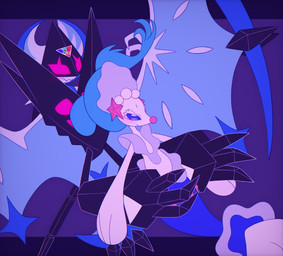 ambiguous_gender anthro black_body blue_eyes blue_hair blush blush_lines bodily_fluids fangs gem hair pearl_(gem) pink_eyes simple_background solo split_form starfish_(accessory) sweat teeth white_body wings prizma730 nintendo pokemon aquatic asterozoan dawn_wings_necrozma echinoderm generation_7_pokemon legendary_pokemon pokemon_(species) primarina starfish 2025 hi_res
